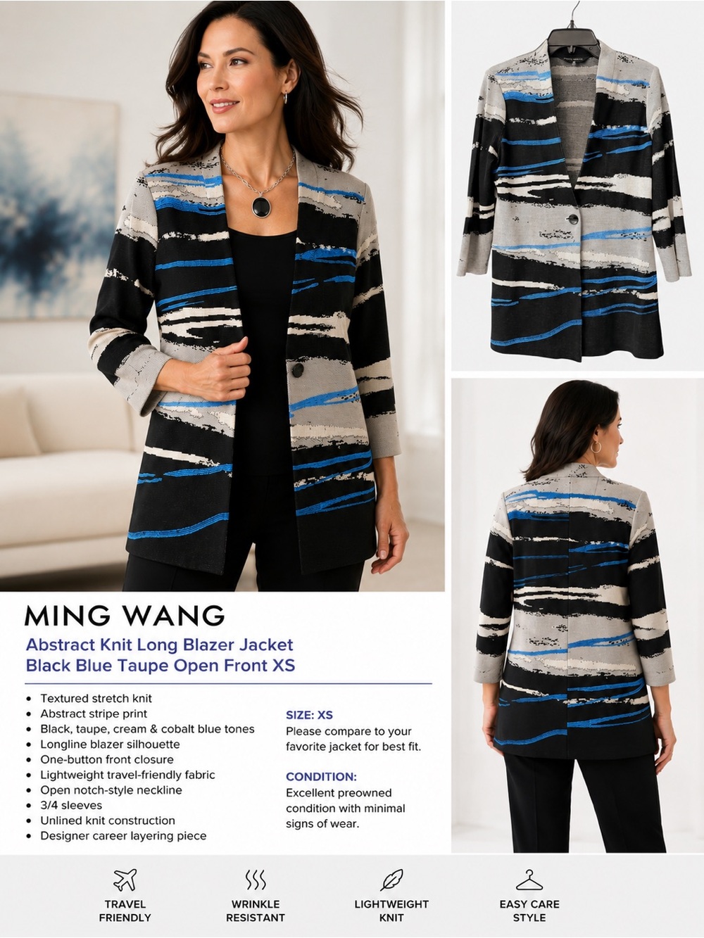 Ming Wang Textured Knit Open Front Jacket Abstract Stripe Blazer XS
